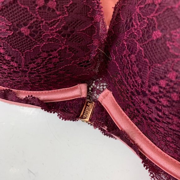 PINK Date Push-up  Burgundy Lace Front Close Underwire Bra Size 32DD - Picture 3 of 8